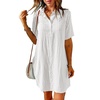 image:imagechouyatou Womens Lightweight Short Sleeve Grid Plaid Print Button Up Shirt DressWhite