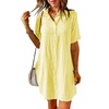 image:imagechouyatou Womens Lightweight Short Sleeve Grid Plaid Print Button Up Shirt DressYellow