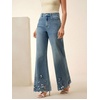 image:imagechouyatou Women Embroidered Floral Bell Bottom Jeans Mid Rise Flare JeansBlue
