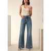 image:imagechouyatou Women Embroidered Floral Bell Bottom Jeans Mid Rise Flare JeansBlue