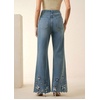 image:imagechouyatou Women Embroidered Floral Bell Bottom Jeans Mid Rise Flare JeansBlue