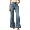 image:imagechouyatou Women Embroidered Floral Bell Bottom Jeans Mid Rise Flare JeansBlue