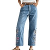 image:imagechouyatou Womens Boho Embroidered Floral Jeans Wide Leg Denim Ankle PantsBlue