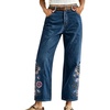 image:imagechouyatou Womens Boho Embroidered Floral Jeans Wide Leg Denim Ankle PantsDark Blue