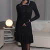 image:imagechouyatou Women Party Polo Long Sleeve Ribbed Knit Sweater Dress Bodycon Work Dressy Pullover Midi DressBlack