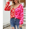 image:imagechouyatou Womens Color Block Leopard Pattern Long Sleeve Button Down Cardigan SweatersRed