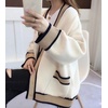 image:imagechouyatou Womens Color Block Striped Cardigans Button Down Knit Sweater Cardigan Outerwear Coat with PocketsBeige White