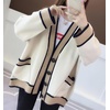 image:imagechouyatou Womens Color Block Striped Cardigans Button Down Knit Sweater Cardigan Outerwear Coat with PocketsBeige White