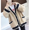 image:imagechouyatou Womens Color Block Striped Cardigans Button Down Knit Sweater Cardigan Outerwear Coat with PocketsKhaki