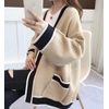 image:imagechouyatou Womens Color Block Striped Cardigans Button Down Knit Sweater Cardigan Outerwear Coat with PocketsKhaki