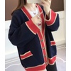 image:imagechouyatou Womens Color Block Striped Cardigans Button Down Knit Sweater Cardigan Outerwear Coat with PocketsNavy