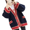 image:imagechouyatou Womens Color Block Striped Cardigans Button Down Knit Sweater Cardigan Outerwear Coat with PocketsNavy
