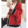 image:imagechouyatou Womens Color Block Striped Cardigans Button Down Knit Sweater Cardigan Outerwear Coat with PocketsRed