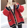 image:imagechouyatou Womens Color Block Striped Cardigans Button Down Knit Sweater Cardigan Outerwear Coat with PocketsRed