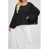 image:imagechouyatou Womens Fall Cropped Oversized Crewneck Casual Cable Knit Sweater TopsBlack
