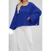 image:imagechouyatou Womens Fall Cropped Oversized Crewneck Casual Cable Knit Sweater TopsBlue