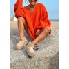 image:imagechouyatou Womens Fall VNeck Ribbed Knit Sweater Dress Loose Fit Trumpet Sleeve Pullover Jumper TopsOrange