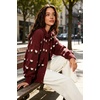 image:imagechouyatou Womens Floral Cardigan Sweater Button Down Collared Knit JacketWine Red
