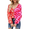 image:imagechouyatou Womens Color Block Leopard Pattern Long Sleeve Button Down Cardigan SweatersRed
