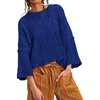 image:imagechouyatou Womens Fall Cropped Oversized Crewneck Casual Cable Knit Sweater TopsBlue