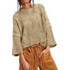 image:imagechouyatou Womens Fall Cropped Oversized Crewneck Casual Cable Knit Sweater TopsKhaki