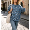 image:imagechouyatou Womens Floral Pattern Pullover Sweater Jumper Crewneck Knit TopsBlue