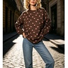 image:imagechouyatou Womens Floral Pattern Pullover Sweater Jumper Crewneck Knit TopsCoffee