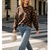 image:imagechouyatou Womens Floral Pattern Pullover Sweater Jumper Crewneck Knit TopsCoffee
