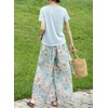 image:imagechouyatou Womens Loose Floral Pattern Crop Pants Casual Y2K Elastic Waist Pleated Wide Leg Palazzo CulottesBlue