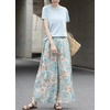 image:imagechouyatou Womens Loose Floral Pattern Crop Pants Casual Y2K Elastic Waist Pleated Wide Leg Palazzo CulottesBlue
