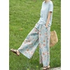 image:imagechouyatou Womens Loose Floral Pattern Crop Pants Casual Y2K Elastic Waist Pleated Wide Leg Palazzo CulottesBlue