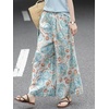 image:imagechouyatou Womens Loose Floral Pattern Crop Pants Casual Y2K Elastic Waist Pleated Wide Leg Palazzo CulottesBlue