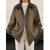image:imagechouyatou Womens Plaid Trench Coat Button Down Casual Loose Barn JacketDark Khaki