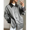 image:imagechouyatou Womens Plaid Trench Coat Button Down Casual Loose Barn JacketGray