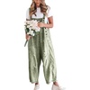 image:imagechouyatou Women Loose Adjustable Strap Denim Bib Overall Jeans Distressed Wide Leg Baggy Overalls JumpsuitGreen
