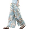 image:imagechouyatou Womens Loose Floral Pattern Crop Pants Casual Y2K Elastic Waist Pleated Wide Leg Palazzo CulottesBlue