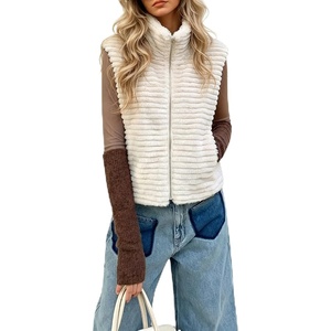 image:imagechouyatou Womens Fall Winter Furry Zip Up Lapel Faux Fur Vest Tank TopBeige