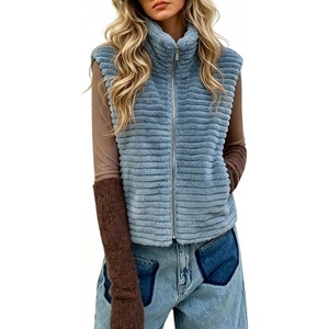 image:imagechouyatou Womens Fall Winter Furry Zip Up Lapel Faux Fur Vest Tank TopBlue