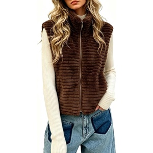 image:imagechouyatou Womens Fall Winter Furry Zip Up Lapel Faux Fur Vest Tank TopCoffee