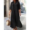 image:imagechouyatou Womens Cotton Linen Button Down Shirt Dress Long Sleeve Flowy Ruffle Fishtail Long DressBlack