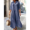 image:imagechouyatou Womens Cotton Linen Button Down Shirt Dress Long Sleeve Flowy Ruffle Fishtail Long DressBlue