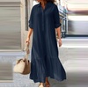 image:imagechouyatou Womens Cotton Linen Button Down Shirt Dress Long Sleeve Flowy Ruffle Fishtail Long DressNavy Blue
