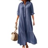 image:imagechouyatou Womens Cotton Linen Button Down Shirt Dress Long Sleeve Flowy Ruffle Fishtail Long DressBlue