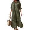 image:imagechouyatou Womens Cotton Linen Button Down Shirt Dress Long Sleeve Flowy Ruffle Fishtail Long DressDark Green