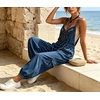 image:imagechouyatou Women Boho Floral Embroidered Denim Overalls Baggy Jean Jumpsuits  Wide Leg Harem Denim Bib OverallsDark Blue