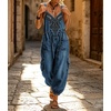 image:imagechouyatou Women Boho Floral Embroidered Denim Overalls Baggy Jean Jumpsuits  Wide Leg Harem Denim Bib OverallsDark Blue