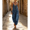 image:imagechouyatou Women Boho Floral Embroidered Denim Overalls Baggy Jean Jumpsuits  Wide Leg Harem Denim Bib OverallsDark Blue