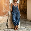 image:imagechouyatou Women Boho Floral Embroidered Denim Overalls Baggy Jean Jumpsuits  Wide Leg Harem Denim Bib OverallsDark Blue