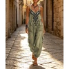 image:imagechouyatou Women Boho Floral Embroidered Denim Overalls Baggy Jean Jumpsuits  Wide Leg Harem Denim Bib OverallsGreen
