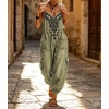 image:imagechouyatou Women Boho Floral Embroidered Denim Overalls Baggy Jean Jumpsuits  Wide Leg Harem Denim Bib OverallsGreen